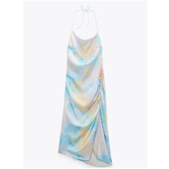 ZARA Satin Tie Dye Camisole Rainbow Side Cinch Strappy Midi Halter Cami Dress - Picture 14 of 15